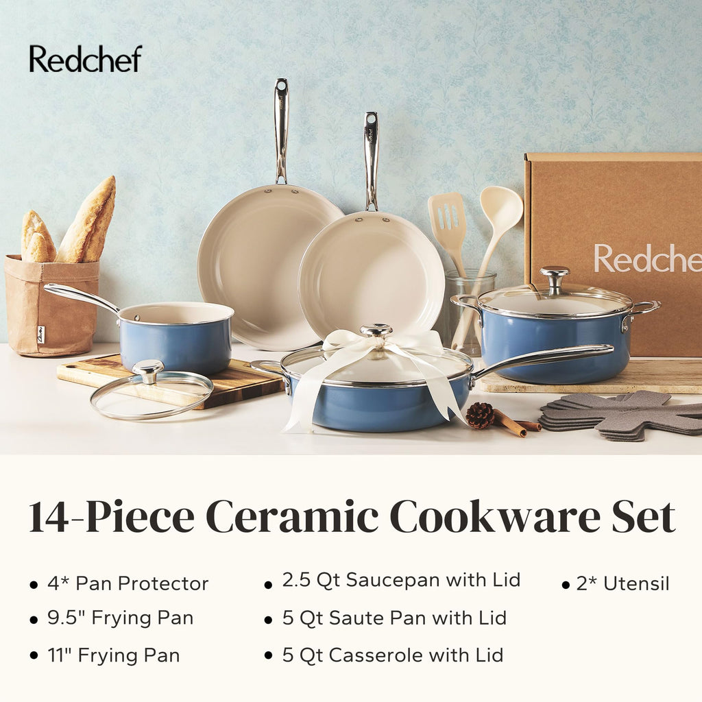 Redchef Ceramic Nonstick Cookware Set,14pcs Pots and Pans Set Non Stick,Induction Cookware with Stainless Steel Handle,Non Toxic Kitchen Cooking Set,Dishwasher & Oven Safe,PFAS PFOA & PTFE Free