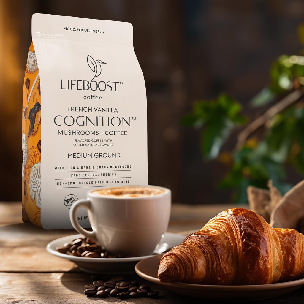 Lifeboost Cognition Adaptogenic Mushroom Coffee - Great Tasting Organic Lions Mane & Chaga Medium Roast Nootropic Coffee - Increase Energy, Boost Focus & Immune Support - 12 oz Bag - Ground