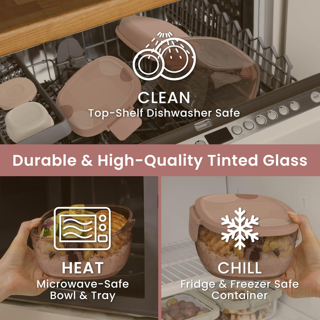 Bentgo Glass Salad Container - 7.6-Cup Salad Bowl with Airtight Lid, Leak-Proof Sauce Container, 4-Compartment Bento Tray & Reusable Fork - BPA-Free for Meal Prep, Office & More (Lavender)