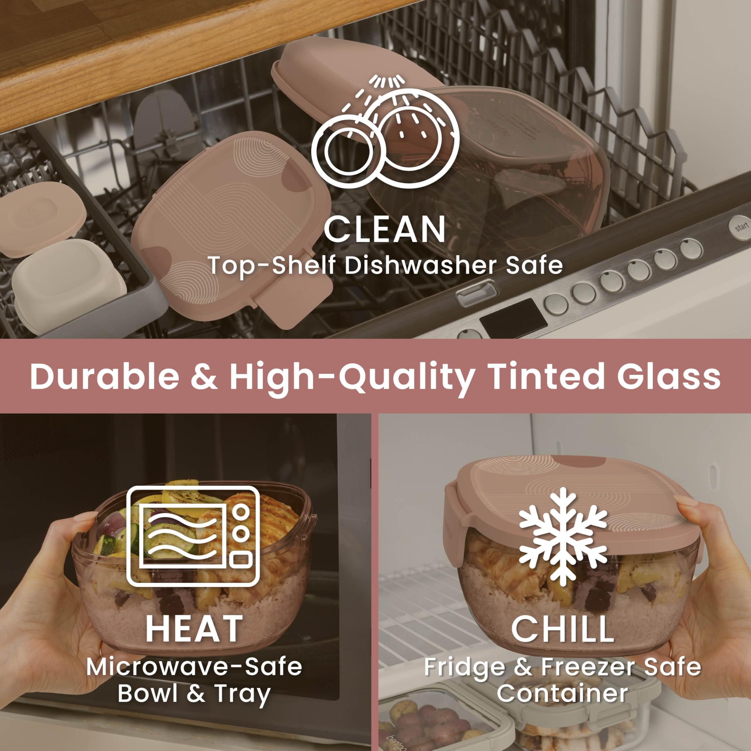 Bentgo Glass Salad Container - 7.6-Cup Salad Bowl with Airtight Lid, Leak-Proof Sauce Container, 4-Compartment Bento Tray & Reusable Fork - BPA-Free for Meal Prep, Office & More (Lavender)