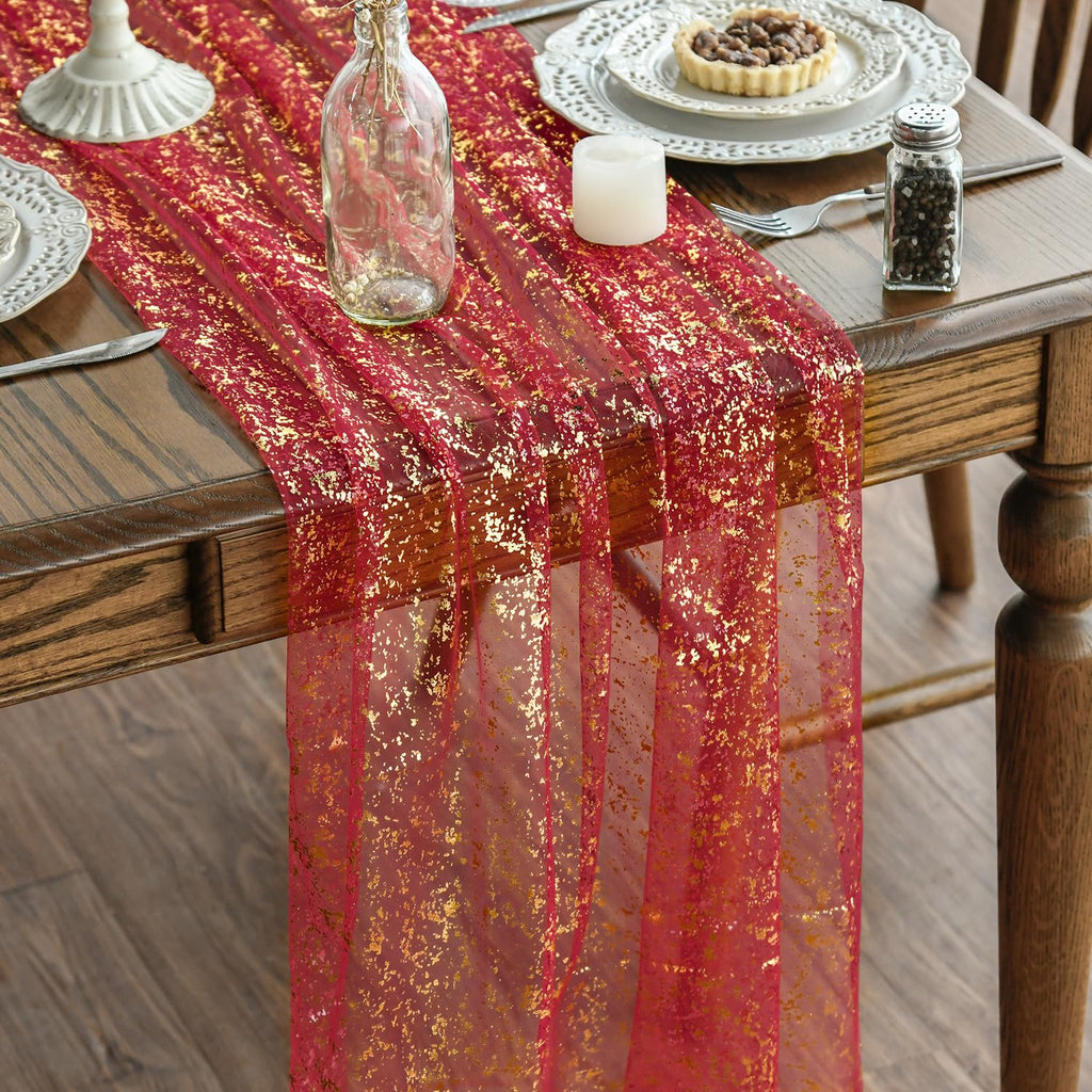 Artoid Mode Beige Gold Gauze Table Runner 120 Inch 10FT, Glitter Metallic Foil Sheer Dining Wedding Anniversary Holiday Birthday Table Decor for Home Party