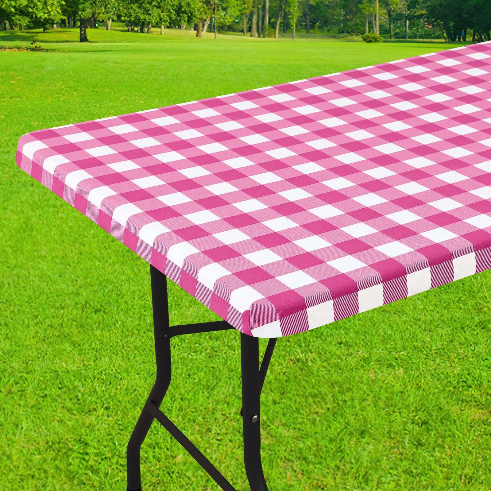 Smiry Rectangle Picnic Table Cloth, Elastic Waterproof Fitted Vinyl Tablecloths, Flannel Backed Buffalo Plaid Table Covers for Dining, Camping, Outdoor (Black and White, 30" x 72")