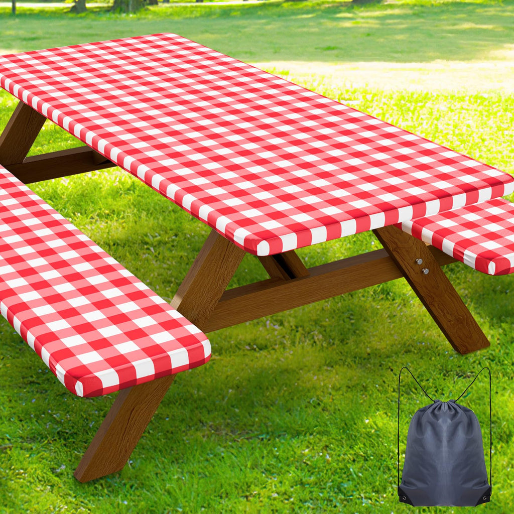 Smiry Picnic Table Cover with Bench Covers, Waterproof Elastic Fitted Tablecloths for 6 Foot Rectangle Tables, Washable Buffalo Plaid Tablecloth for Camping, Outdoor (Black & White, 30"x72")