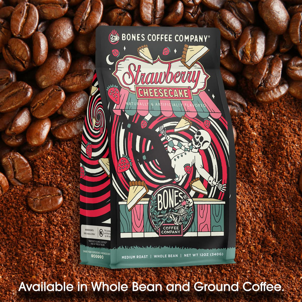 Bones Coffee Company Highland Grog, Butterscotch Caramel Flavored Coffee, Medium Roast Low Acid Arabica Beans Compatible with Auto drip and French Press Coffee Maker, 12 Oz Whole Bean