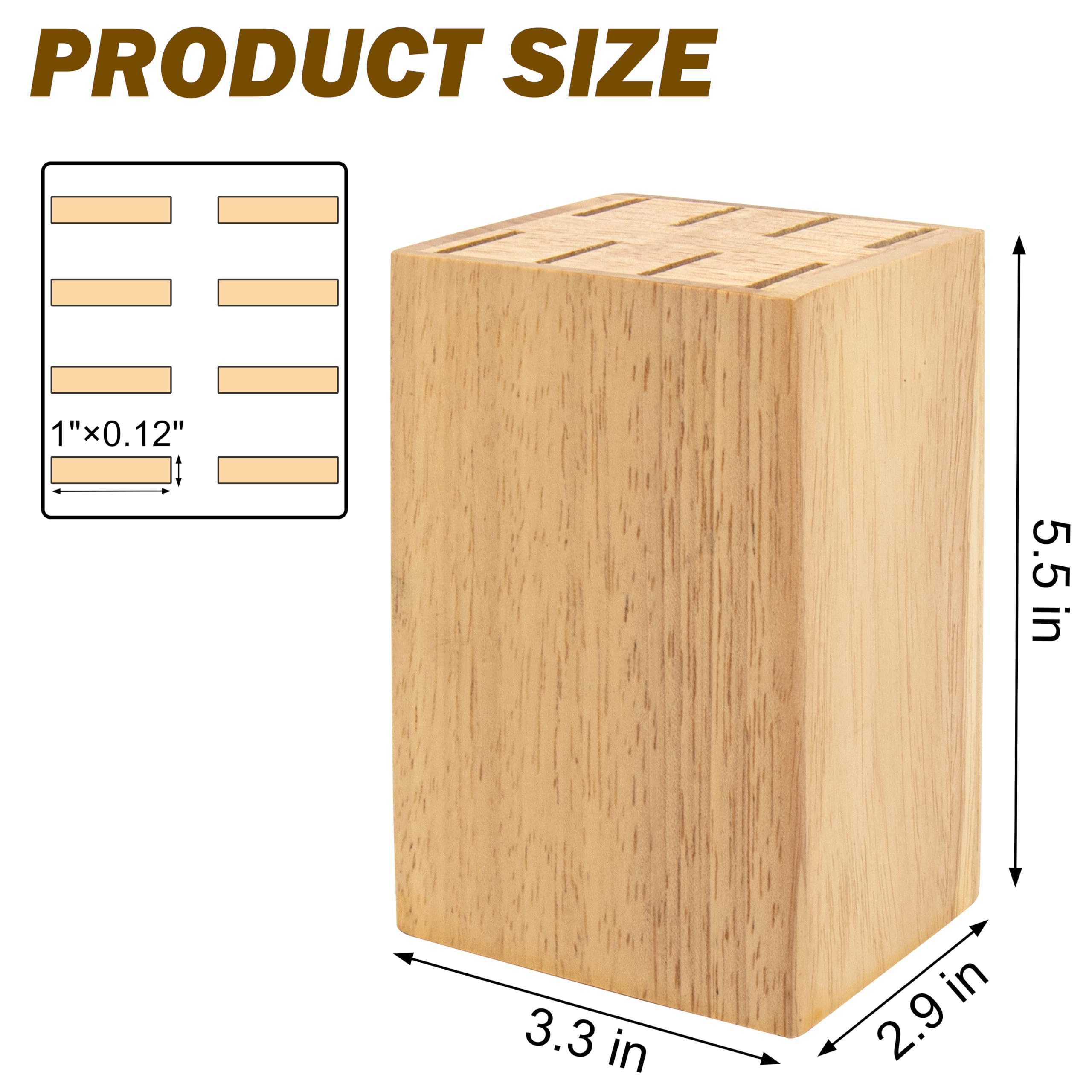 8 Slots Steak Knife Block Holder, 5.5" Wooden Small Knife Block without Knives,Compact and Space Saving Storage Knife Holder for Counter Top (Natural-1)