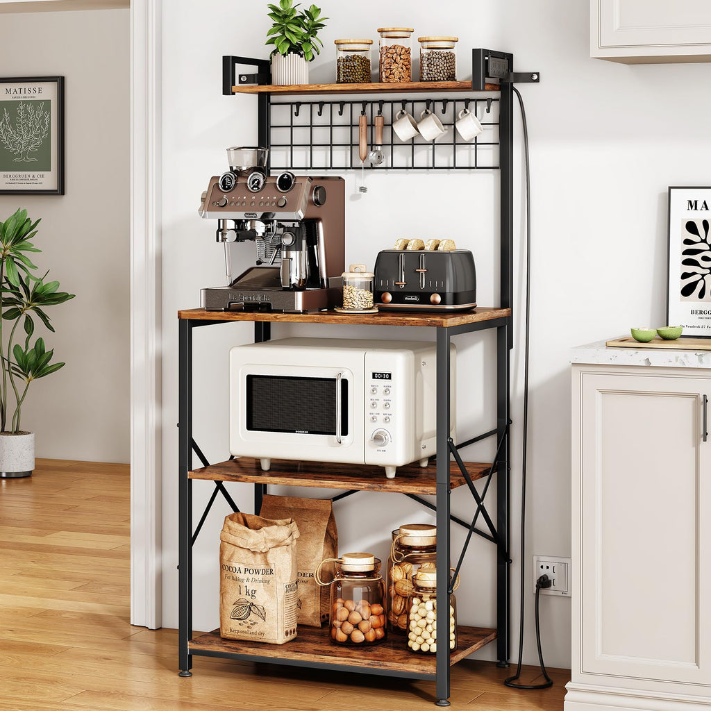 SNTD Bakers Rack with Power Outlet, Kitchen Shelves Microwave Stand with Wire Grid and 10 Hooks, 4 Tiers Coffee Stand (Rustic Brown, 23.5 x 15.6 x 52.8 Inches)