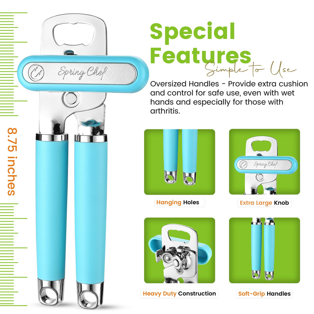 Spring Chef Stainless Steel Can Opener - Manual with Soft Grip Handles, Easy Turn, Heavy Duty Hand Can Openers for Seniors with Smooth Edge - Magnetic Lid Remover - Black
