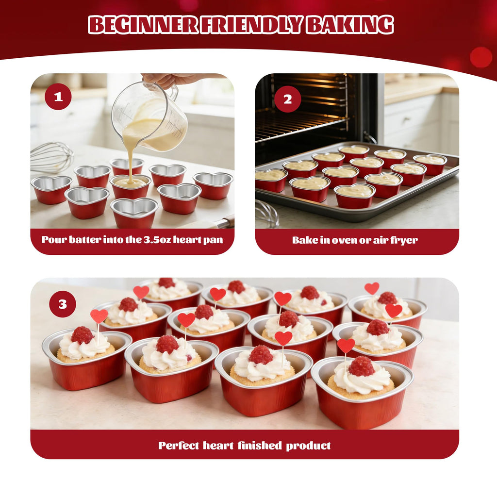 3.5 oz Valentines Gifts Heart Shaped Cake Pans with Lids, Disposable Aluminum Mini Cake Pans for Baking and Takeout, Oven Safe 425°F, Perfect for Valentine's,Party,Wedding Dessert（50 Pack）