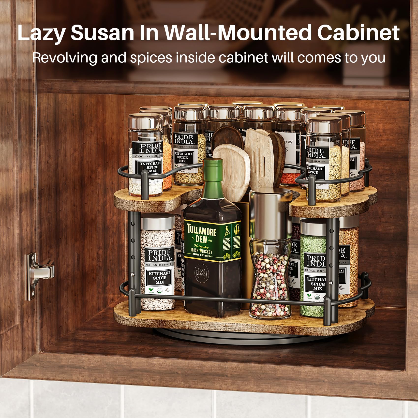 Lazy Susan Organizer Spice Rack - Spice Organization for Cabinet Height Adjustable Rotating Lazy Turntable, Pantry Kitchen Wood Revolving Seasoning Organizer (12 Inch)