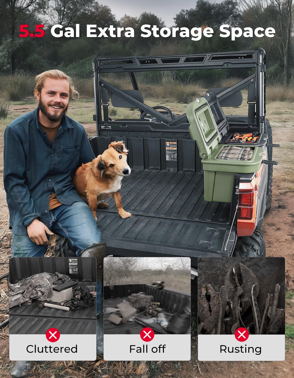 KEMIMOTO UTV Bed Storage Box 5.5GAL Compatible with Polaris Ranger 1000/XP 900 570 500 General 1000 4 2016 2017 2018 2019 2020 2021 2022 2023 2024 2025 2026, Low-Density Polyethylene Cargo Storage Box