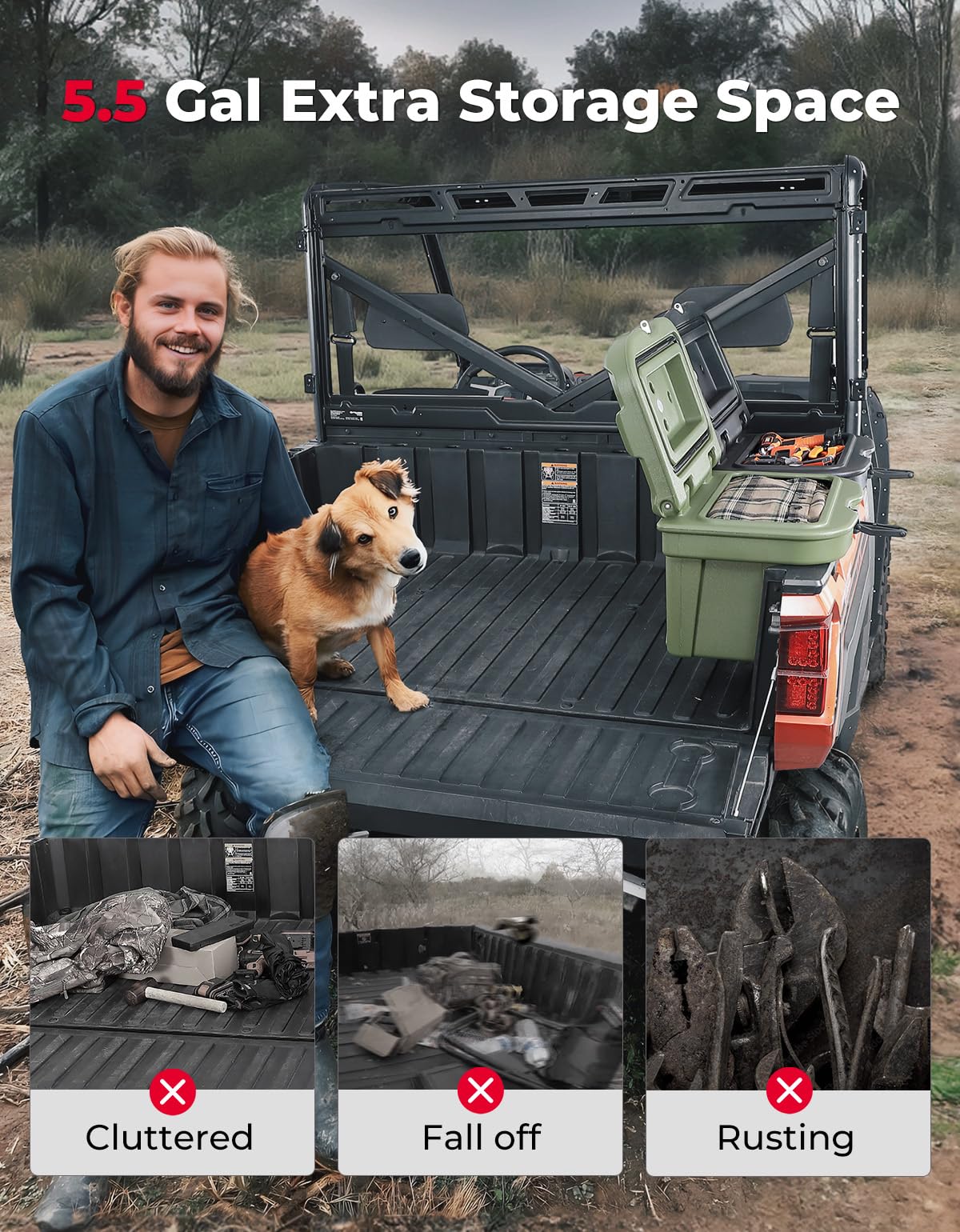 KEMIMOTO UTV Bed Storage Box 5.5GAL Compatible with Polaris Ranger 1000/XP 900 570 500 General 1000 4 2016 2017 2018 2019 2020 2021 2022 2023 2024 2025 2026, Low-Density Polyethylene Cargo Storage Box