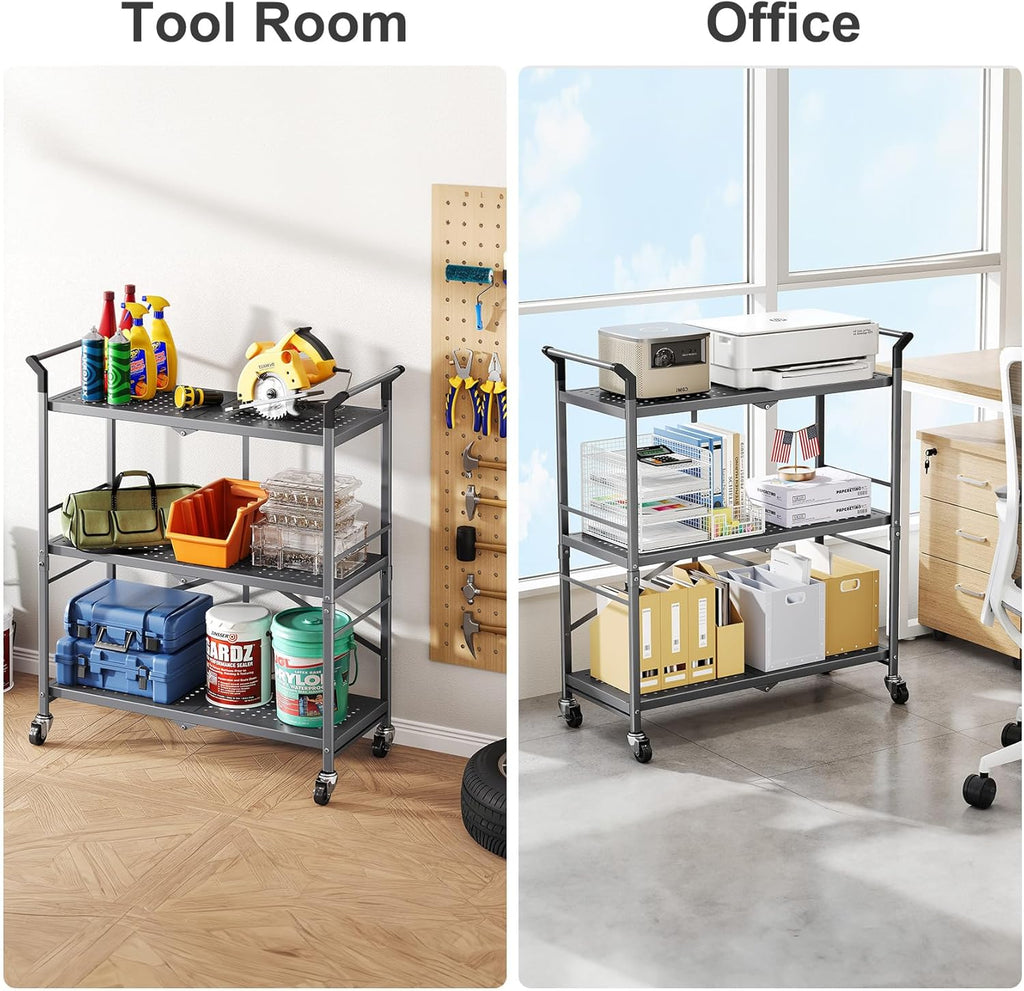 SNTD 3 Tier Rolling Cart Metal - Folding Utility Carts with Wheels for Office Storage Garage Kitchen, Grey