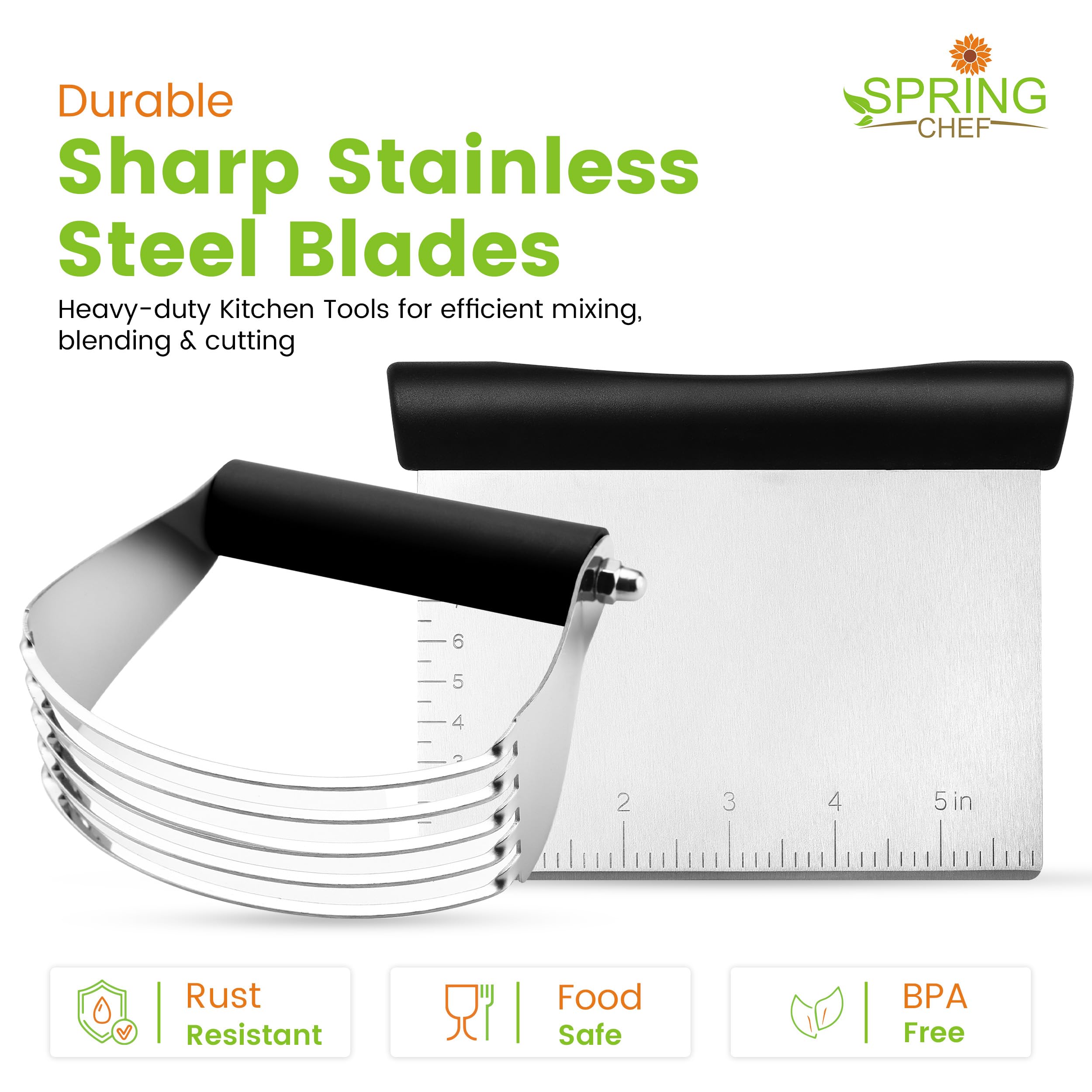 Spring Chef Dough Blender & Pastry Cutter Tool, Stainless Steel Pastry Blender & Bench Scraper for Pizza, Nut, Pie - Multipurpose Dough Cutter & Scraper Tool for Baking with Soft Grip Handles - Black