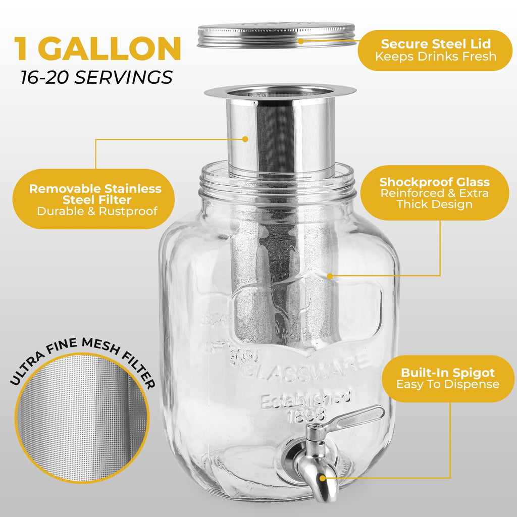 Zulay 1 Gallon/128oz Cold Brew Coffee Maker – Thick Glass Pitcher with Stainless Steel Filter, Lid & Spout – Large Mason Jar Container Dispenser - Iced Coffee & Sun Tea Brewer for Fridge – Silver