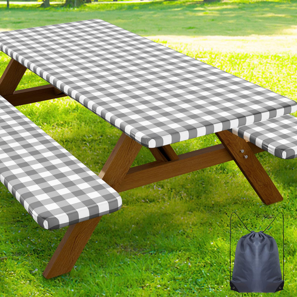 Smiry Picnic Table Cover with Bench Covers, Waterproof Elastic Fitted Tablecloths for 6 Foot Rectangle Tables, Washable Buffalo Plaid Tablecloth for Camping, Outdoor (Black & White, 30"x72")