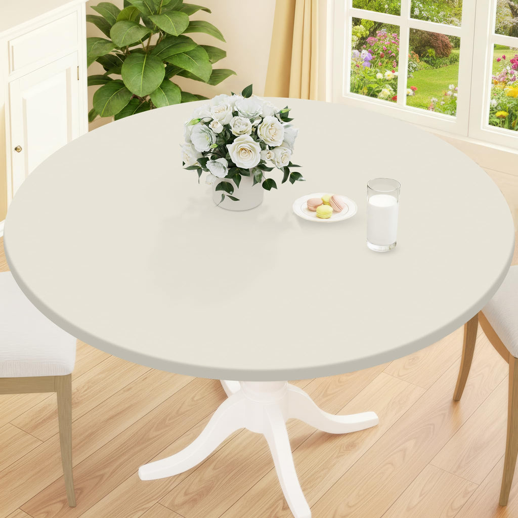 Smiry Round Picnic Tablecloth, Waterproof Elastic Fitted Table Covers for 45" - 56" Tables, Wipeable Flannel Backed Vinyl Tablecloths for Camping, Indoor, Outdoor, Grey & White