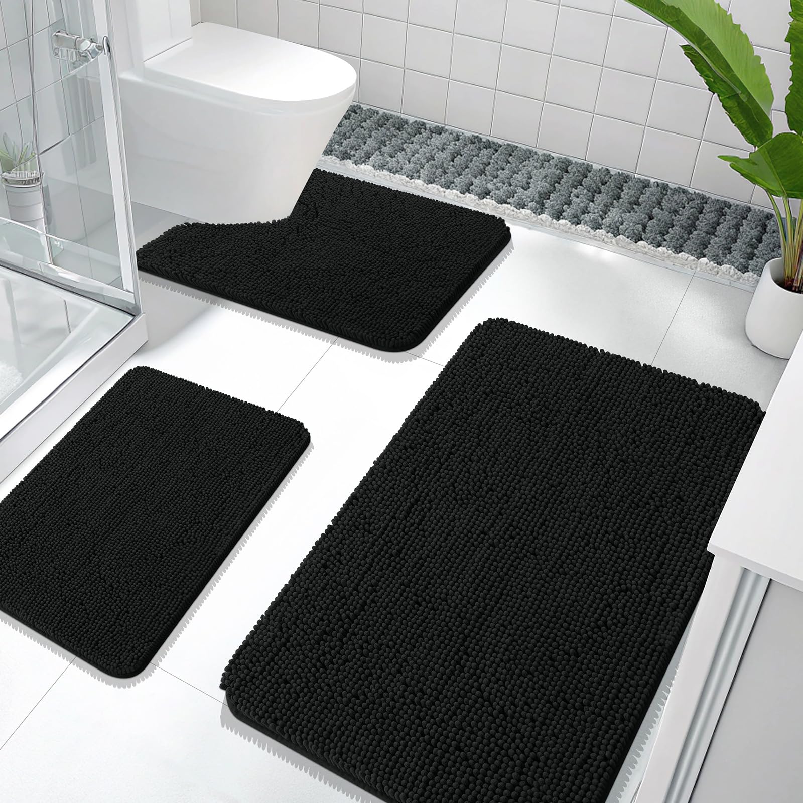 OLANLY Bathroom Rugs Sets 3 Piece, Soft Absorbent Chenille Bath Mats and U-Shaped Contour Toilet Rug, Quick Dry, Home Decor Accessories, Bath Mat Set for Bathroom (30"x20"+24"x16"+24"x20", Grey)