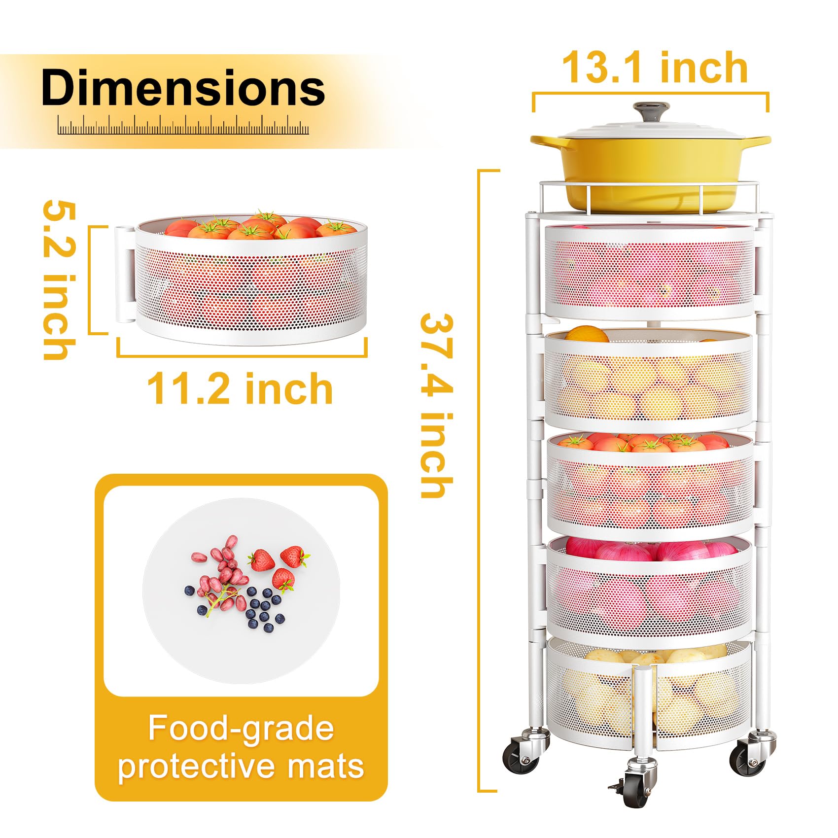 SNTD Fruit and Vegetable Basket Bowls for Kitchen with Metal Top Lid, 5 Tier Rotating Storage Rack Cart for Potato Onion Bread Banana, Wire Basket Organizer on Wheels, Large, Black