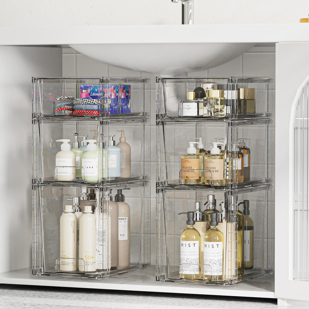 Vtopmart 3 Pack Stackable Storage Drawers, Easily Assemble Acrylic Bathroom Undersink Organizers,Clear Plastic Storage Bins for Closet,Cabinet,Pantry,Medicine Organization
