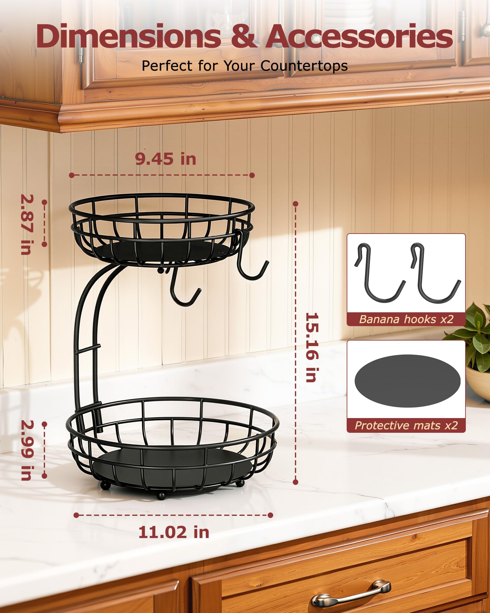 2 Tier Large Fruit Basket for Kitchen Counter with Removable Banana Hanger - Sturdy Iron Fruit Bowl for Kitchen Counter and Vegetable Holder, Fruit Holder for Kitchen Countertop, Black