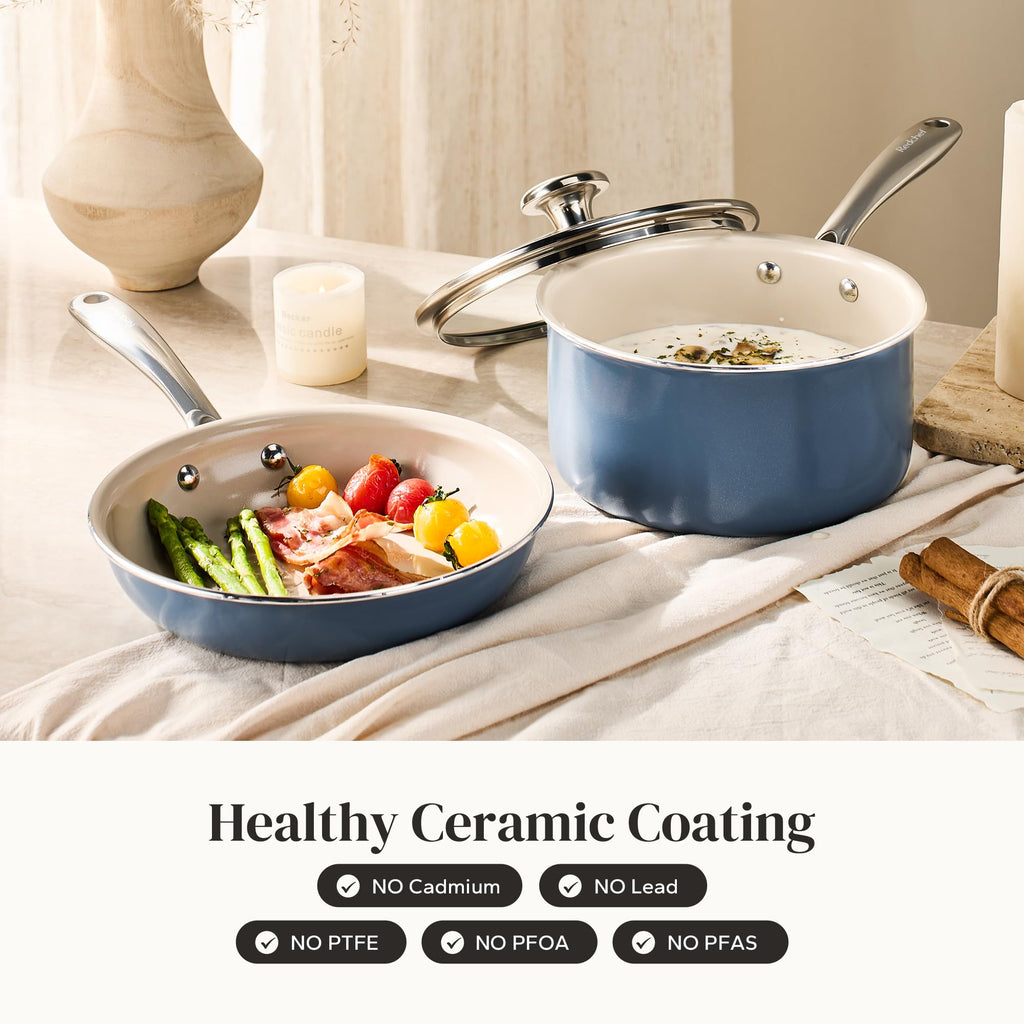 Redchef Sauce Pan & Frying Pan Set, 8" Ceramic Nonstick Fryingpan & 2.5Qt Saucepan with Lid, Mini Cookware Set, Induction Compatible, Nontoxic PTFE PFOA Free, Oven & Dishwasher Safe, Beige