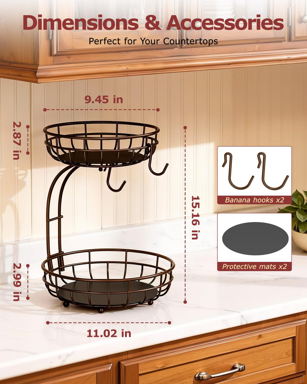 2 Tier Large Fruit Basket for Kitchen Counter with Removable Banana Hanger - Sturdy Iron Fruit Bowl for Kitchen Counter and Vegetable Holder, Fruit Holder for Kitchen Countertop, Black