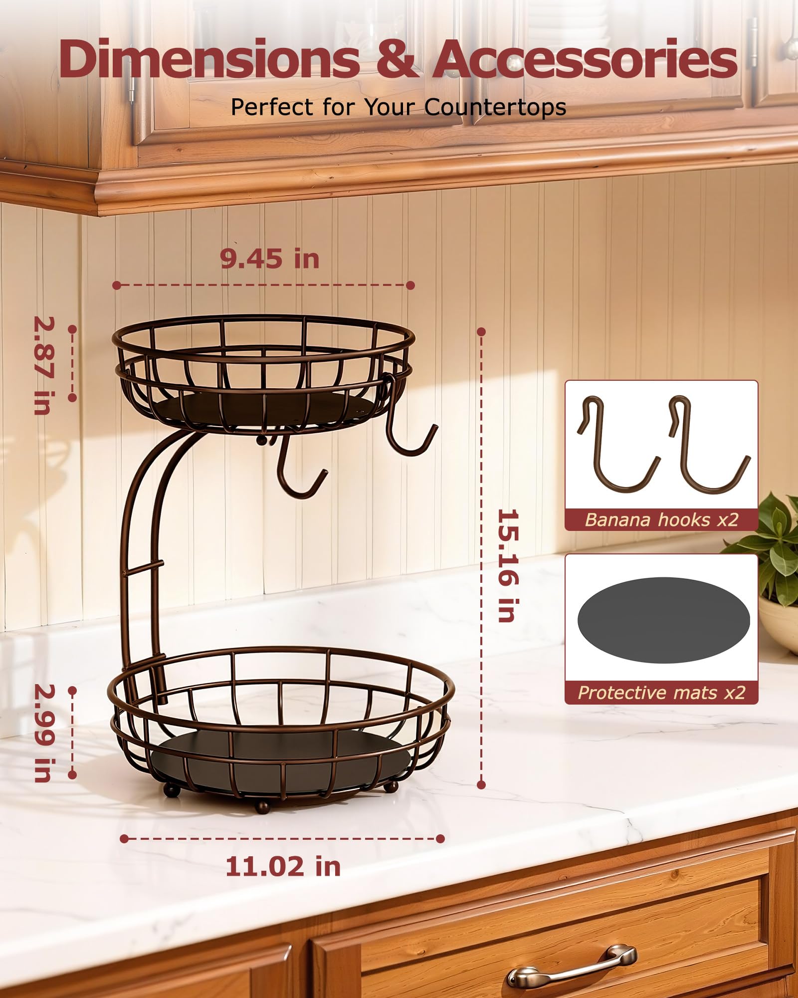 2 Tier Large Fruit Basket for Kitchen Counter with Removable Banana Hanger - Sturdy Iron Fruit Bowl for Kitchen Counter and Vegetable Holder, Fruit Holder for Kitchen Countertop, Black