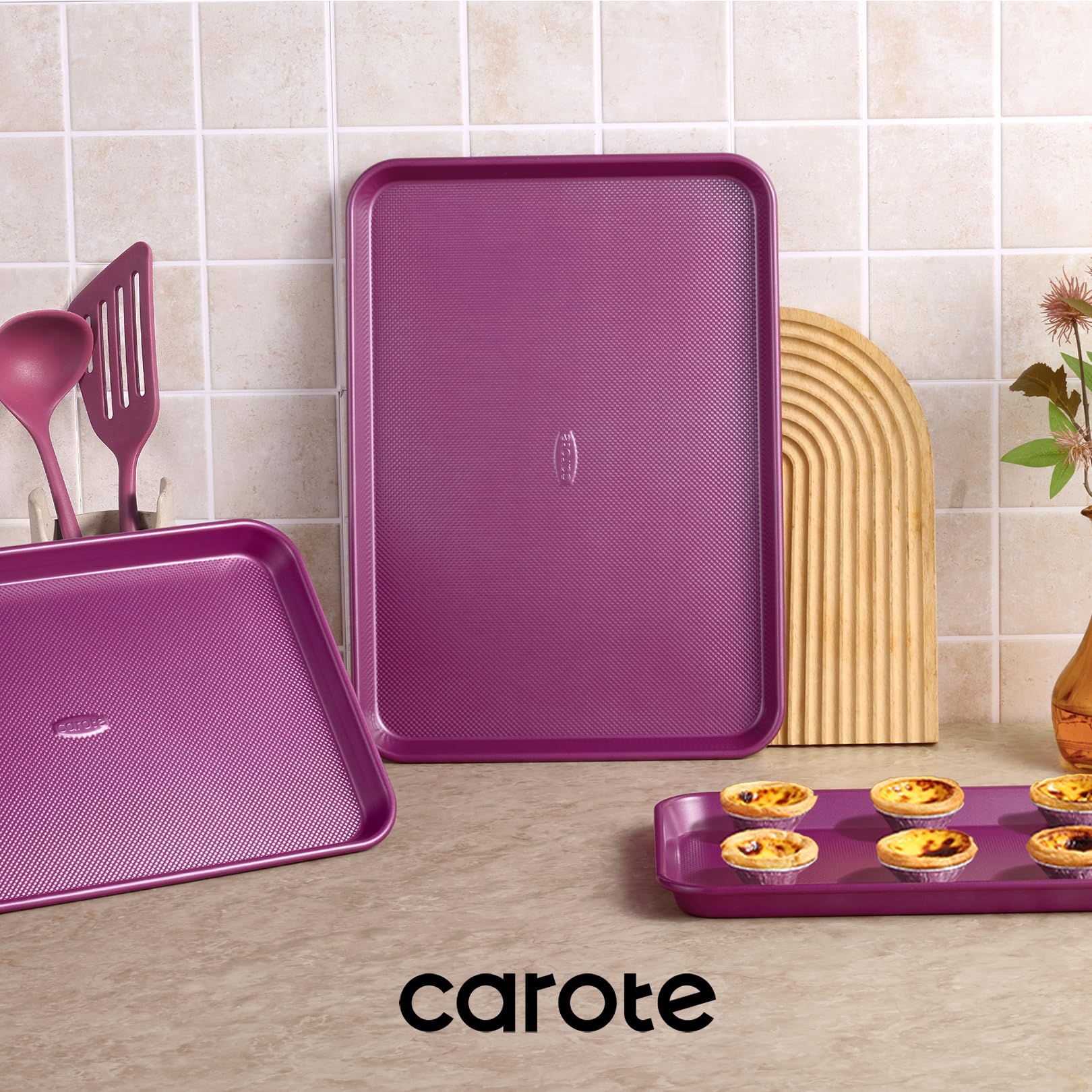 CAROTE 3-Piece Baking Pan Set - Bakeware Set, Baking Sheet Set Including 13 Inch 15 Inch 17 Inch Sheet Pan, Cookie Sheet for Baking, Royal Violet, Blue & Grey