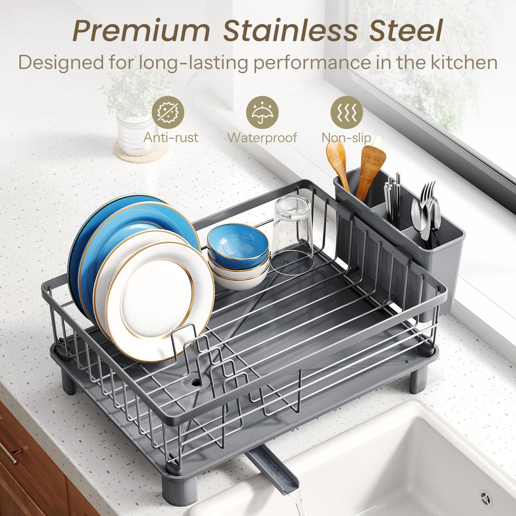 SNTD Dish Drying Rack - Small Dish Rack for Kitchen Counter, Stainless Steel Dish Drainer with Utensil Holder and Drainboard, 11" W x 15" L (Black)