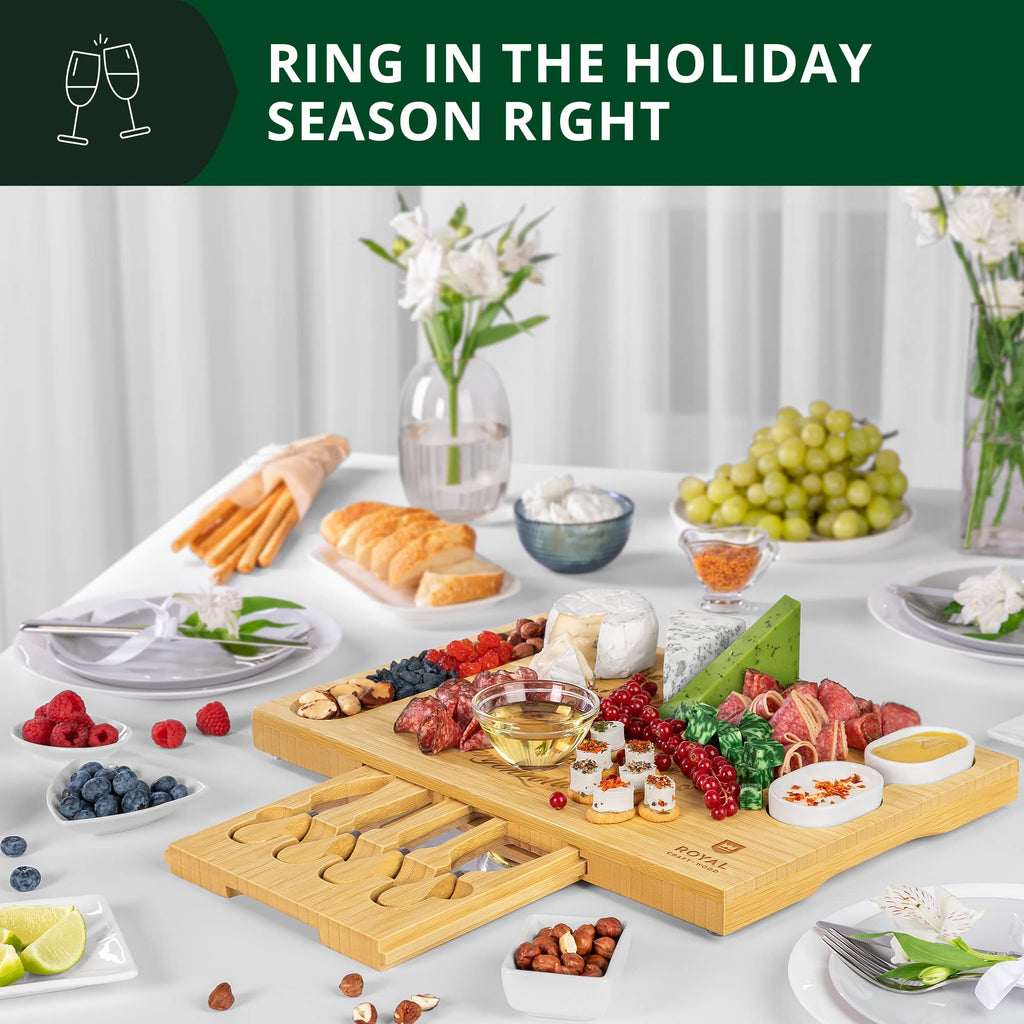 ROYAL CRAFT WOOD Premium Bamboo Charcuterie Board Set - Cheese Platter & Serving Tray & Serving Utensils - Perfect Housewarming Gift, Wedding, Bridal Shower Gift - Ideal for Entertaining and New Home