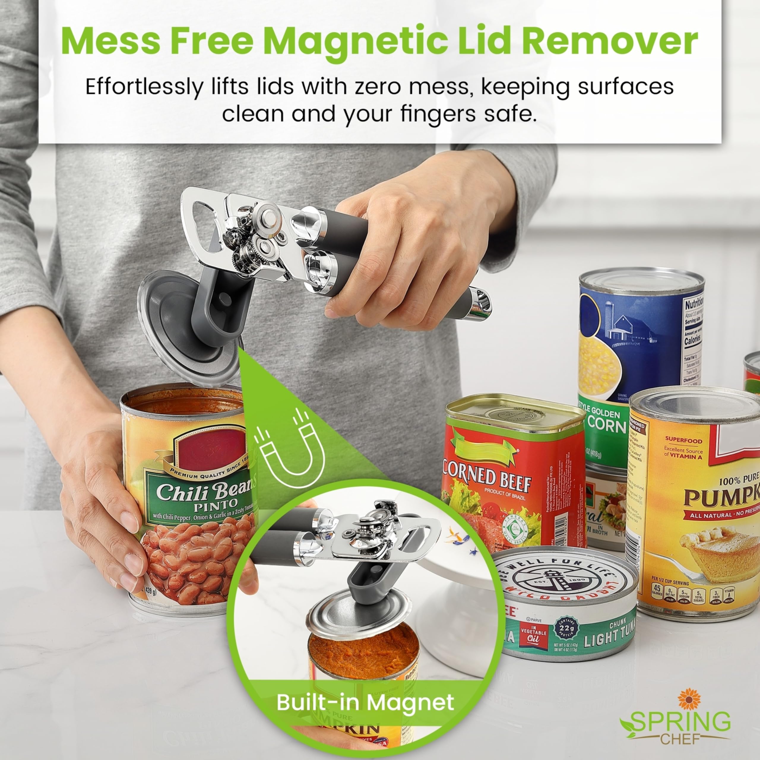 Spring Chef Stainless Steel Can Opener - Manual with Soft Grip Handles, Easy Turn, Heavy Duty Hand Can Openers for Seniors with Smooth Edge - Magnetic Lid Remover - Black