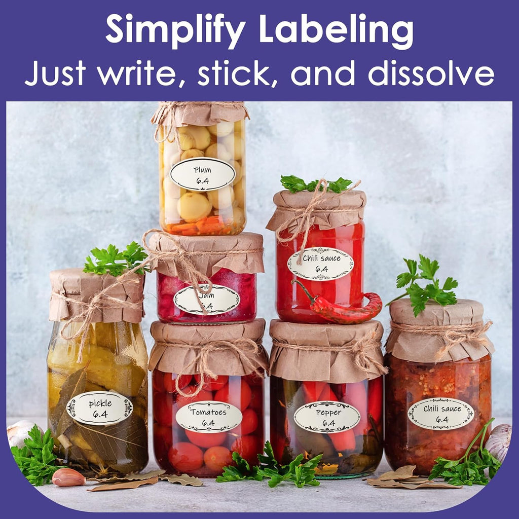 DGBDPACK 400 Dissolvable Canning Labels for Mason Jars, Small Pantry Labels 1 x 2⅛ inch, Water-Soluble Stickers-8 Designs