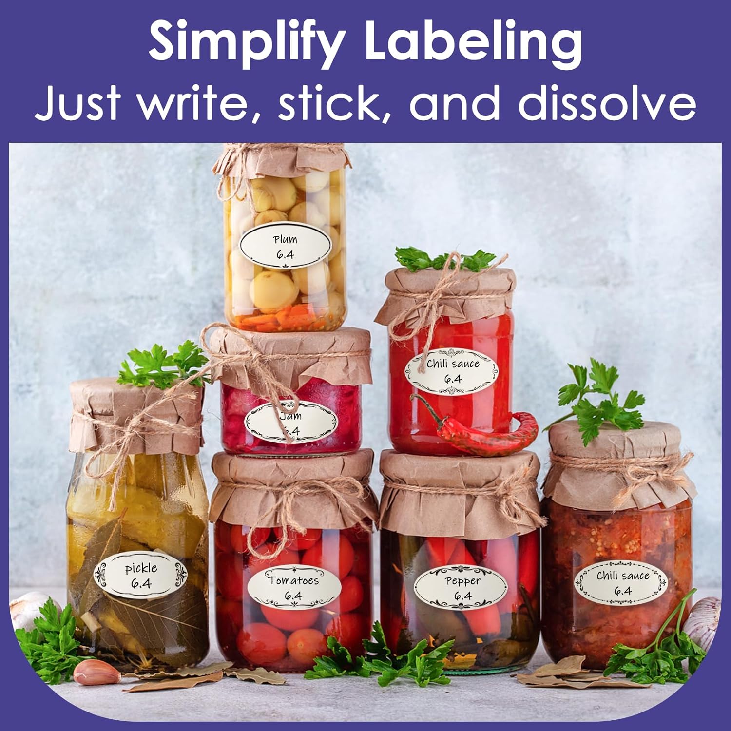 DGBDPACK 400 Dissolvable Canning Labels for Mason Jars, Small Pantry Labels 1 x 2⅛ inch, Water-Soluble Stickers-8 Designs