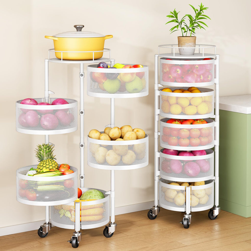 SNTD Fruit and Vegetable Basket Bowls for Kitchen with Metal Top Lid, 5 Tier Rotating Storage Rack Cart for Potato Onion Bread Banana, Wire Basket Organizer on Wheels, Large, Black
