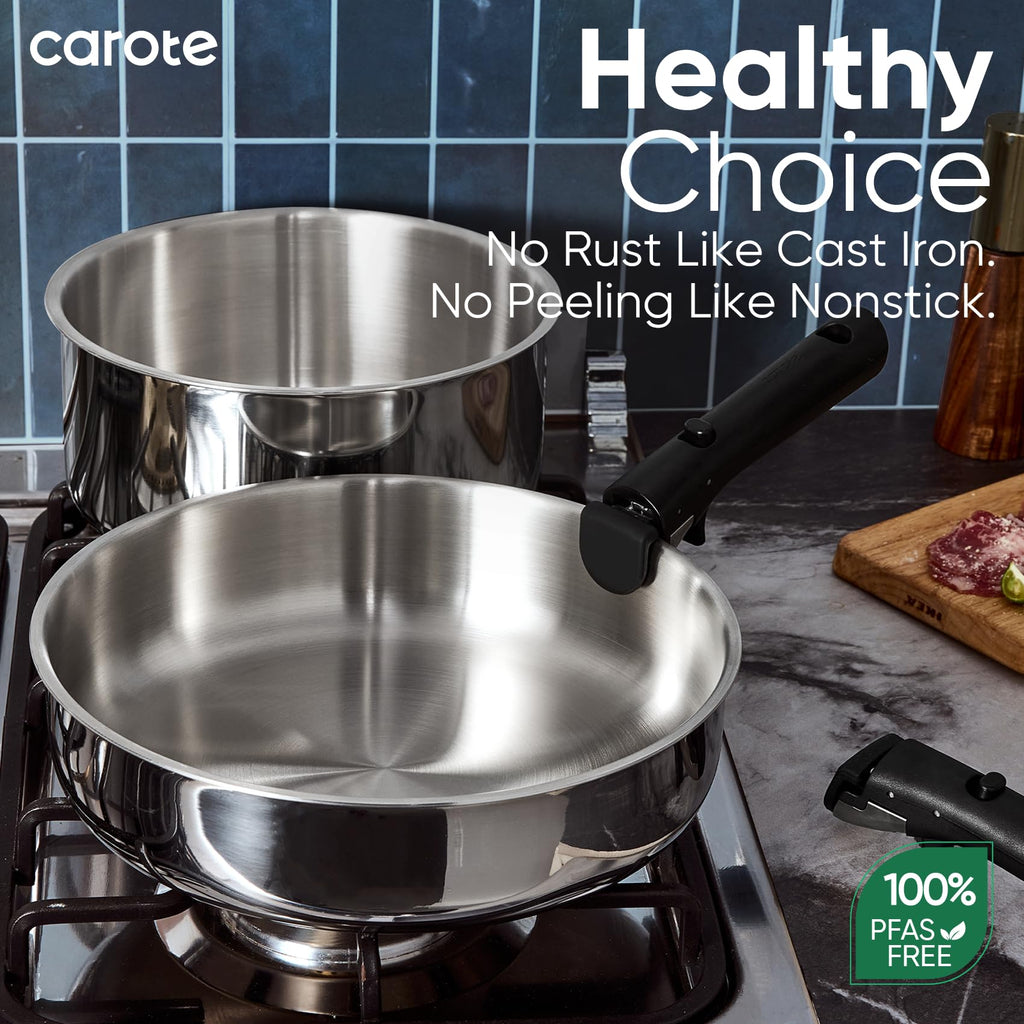 CAROTE Pots and Pans Set, Stainless Steel Cookware Set Detachable Handle, 15pcs Induction Kitchen Cookware Sets with Removable Handle, RV Cookware Set, Oven Safe