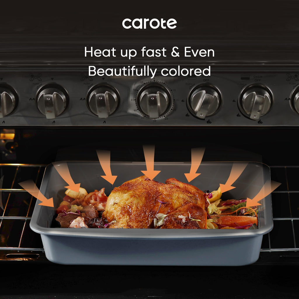 CAROTE 7-Piece Nonstick Stackable Baking Pans Set - Bakeware Sets Including Cookie Sheets for Baking, Muffin Pan, Bread Pan, Cake pan, Loaf Pan, Roasting Pan, Gray & Khaki