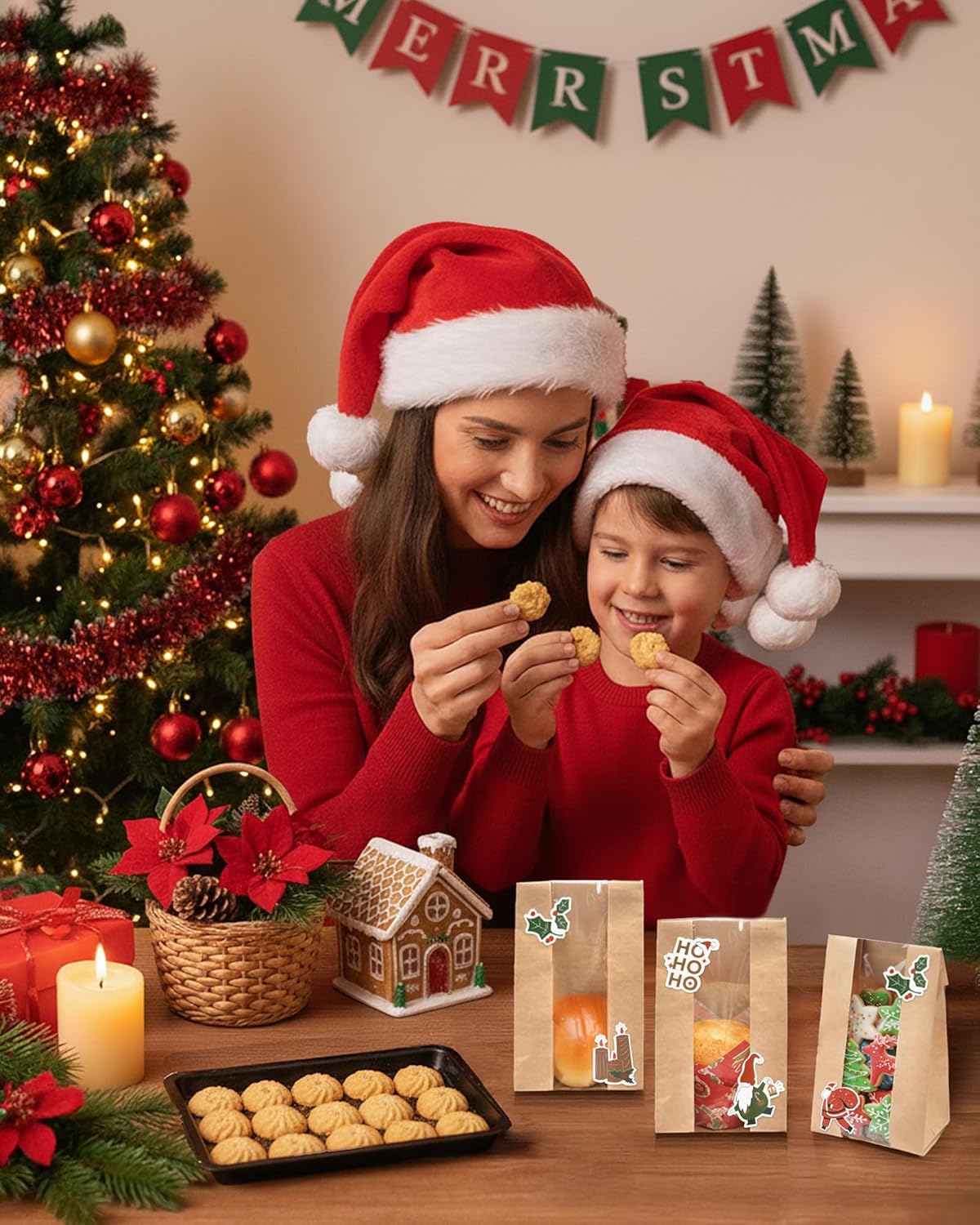 50 PCS Small Cookie Bags with Seal, 3.5"x 2.3"x7.5" Kraft Brown Paper Bags with Stickers, Bakery Bag for Snack, Cupcake, Coffee Bean, Party Favor, Cookie Packaging