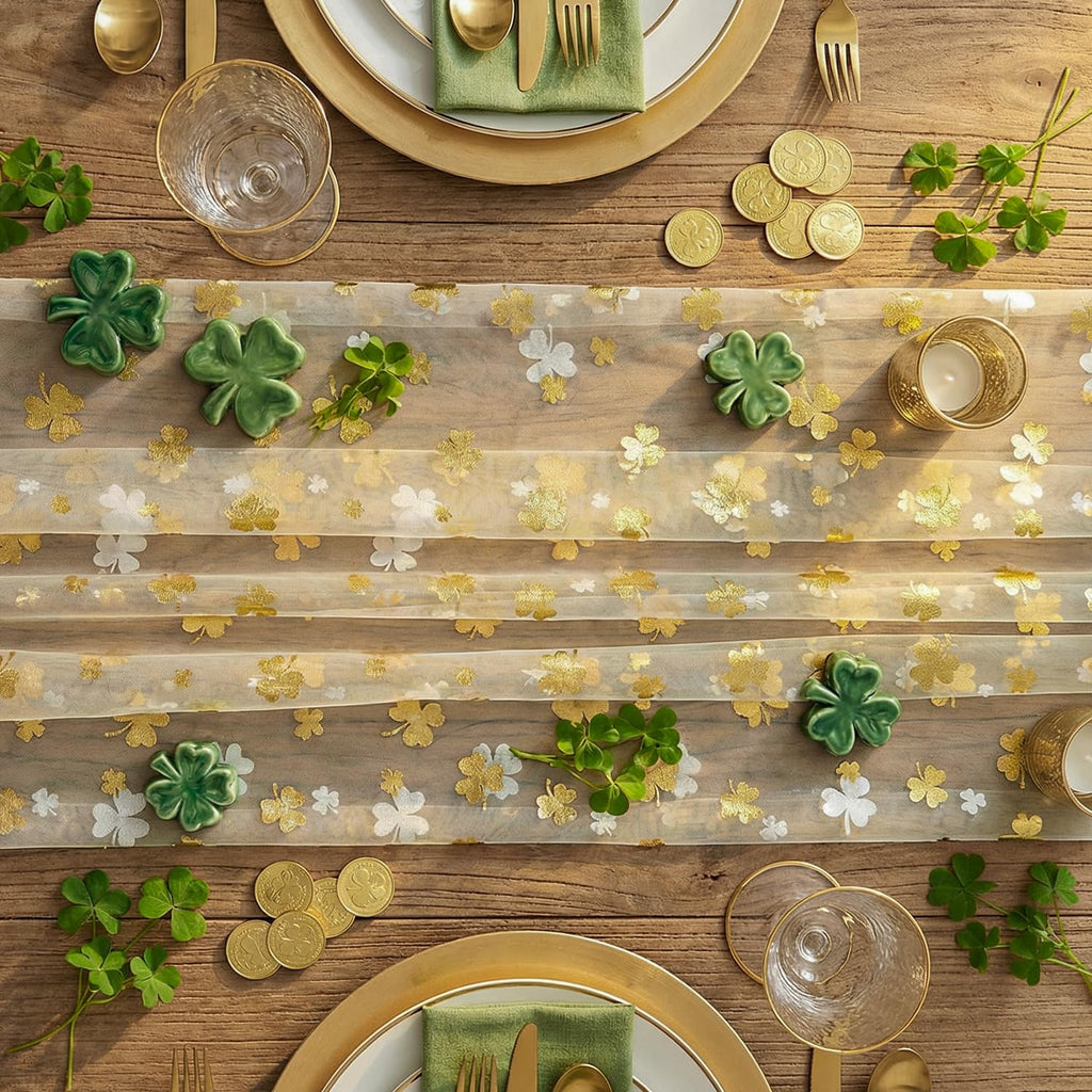 Artoid Mode Gauze Green Shamrocks St.Patrick's Day Table Runner 120 Inch 10FT,Seasonal Sheer Dining Holiday Baby Shower Table Decor for Home Party