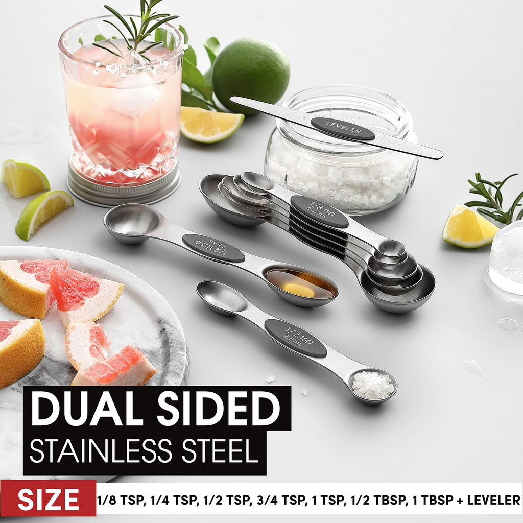 Spring Chef Stainless Steel Magnetic Measuring Spoons Set with Strong N45 Magnets, Heavy Duty Metal Kitchen Gadgets for Baking & Cooking, Fits in Most Kitchen Spice Jars, Set of 8 with Leveler, Black