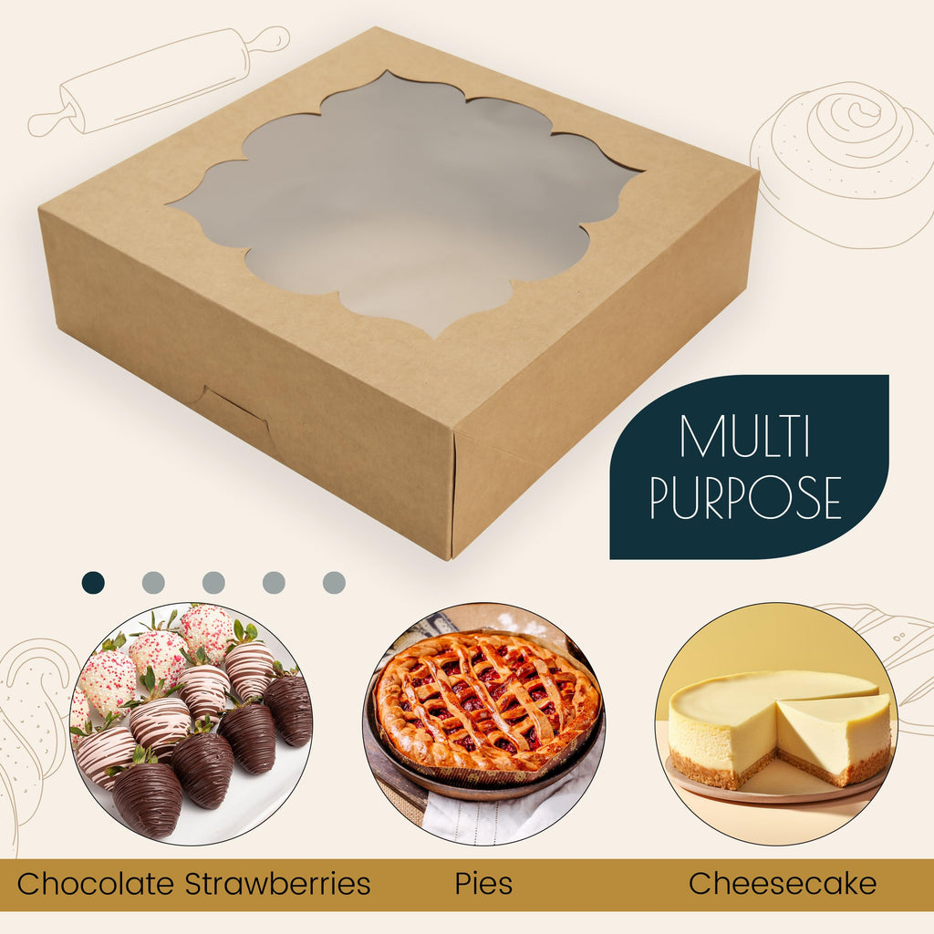 30 Pack Pie Boxes with Window 10x10x3 in Bakery Boxes Perfect for Pies, Cheesecake, Cookies, Muffins and Chocolate Covered Strawberries (Brown)