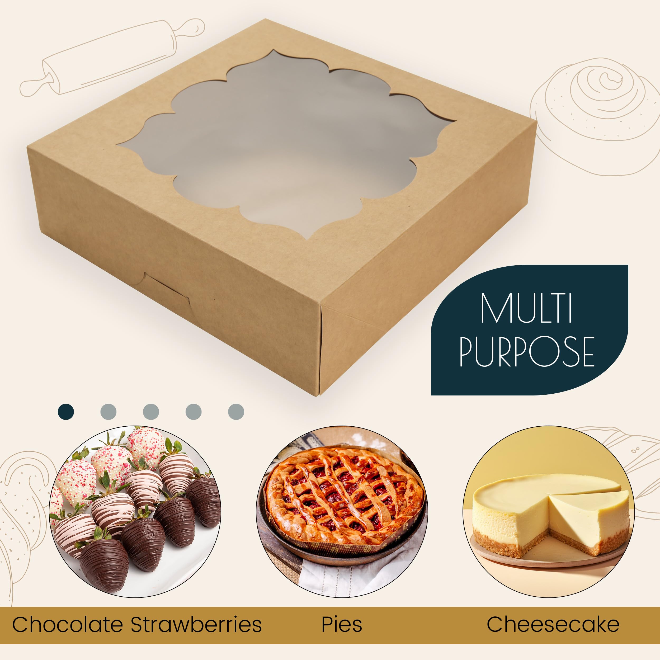 30 Pack Pie Boxes with Window 10x10x3 in Bakery Boxes Perfect for Pies, Cheesecake, Cookies, Muffins and Chocolate Covered Strawberries (Brown)