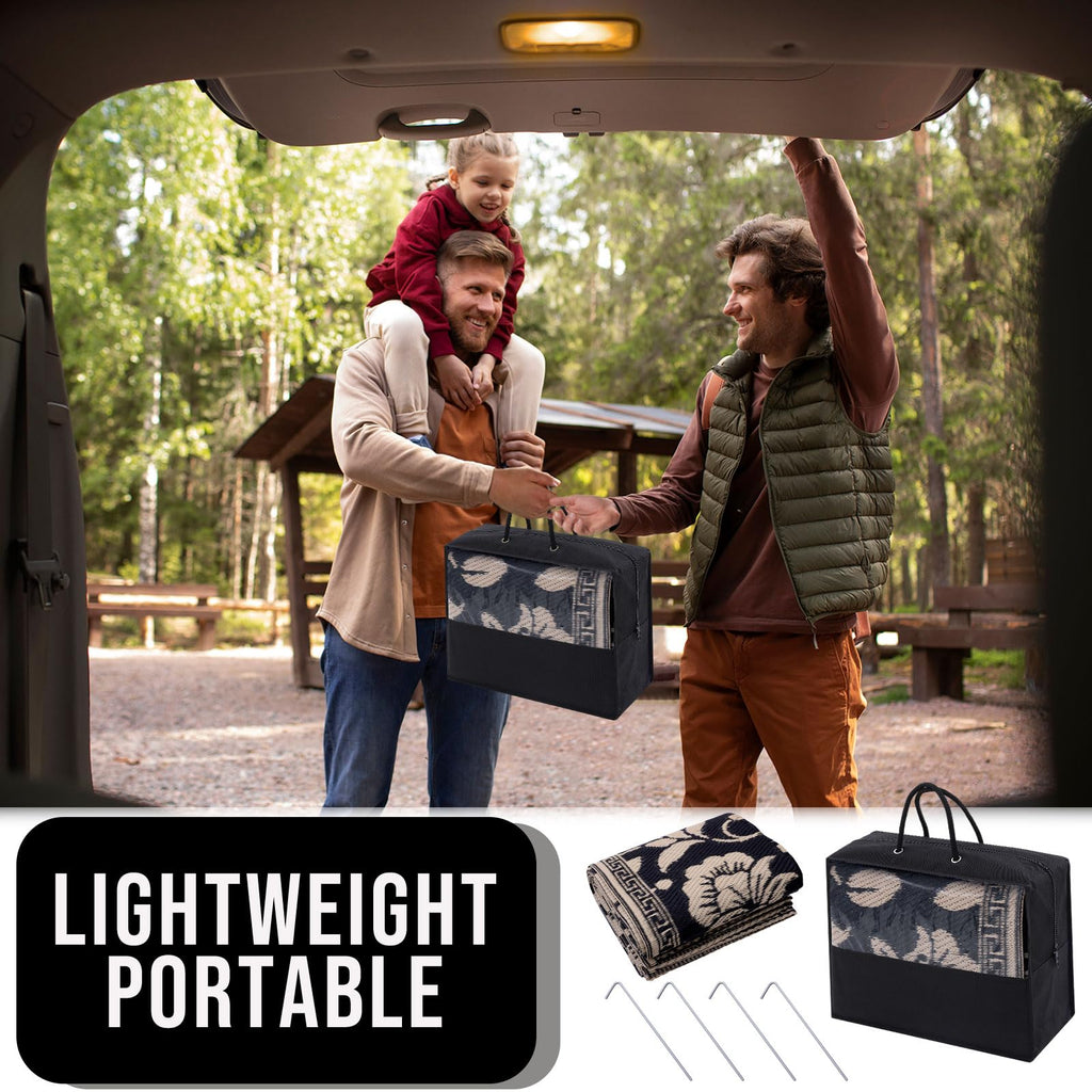 OLANLY Waterproof Outdoor Rug 5x8 ft, Outdoor Plastic Straw Rug with Flower Pattern, Reversible RV Mat for Patio, Camping, Balcony, Deck, Backyard, Navy & White