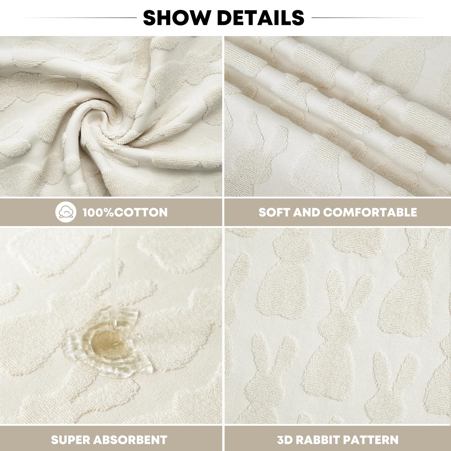 Artoid Mode 2 Pcs Beige 3D Rabbit Jacquard Easter Hand Towels for Bathroom, 100% Cotton Soft Absorbent Bathroom Decor Towels, 13.7 x 29.5 Inch