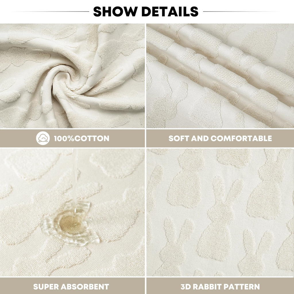 Artoid Mode 2 Pcs Beige 3D Rabbit Jacquard Easter Hand Towels for Bathroom, 100% Cotton Soft Absorbent Bathroom Decor Towels, 13.7 x 29.5 Inch
