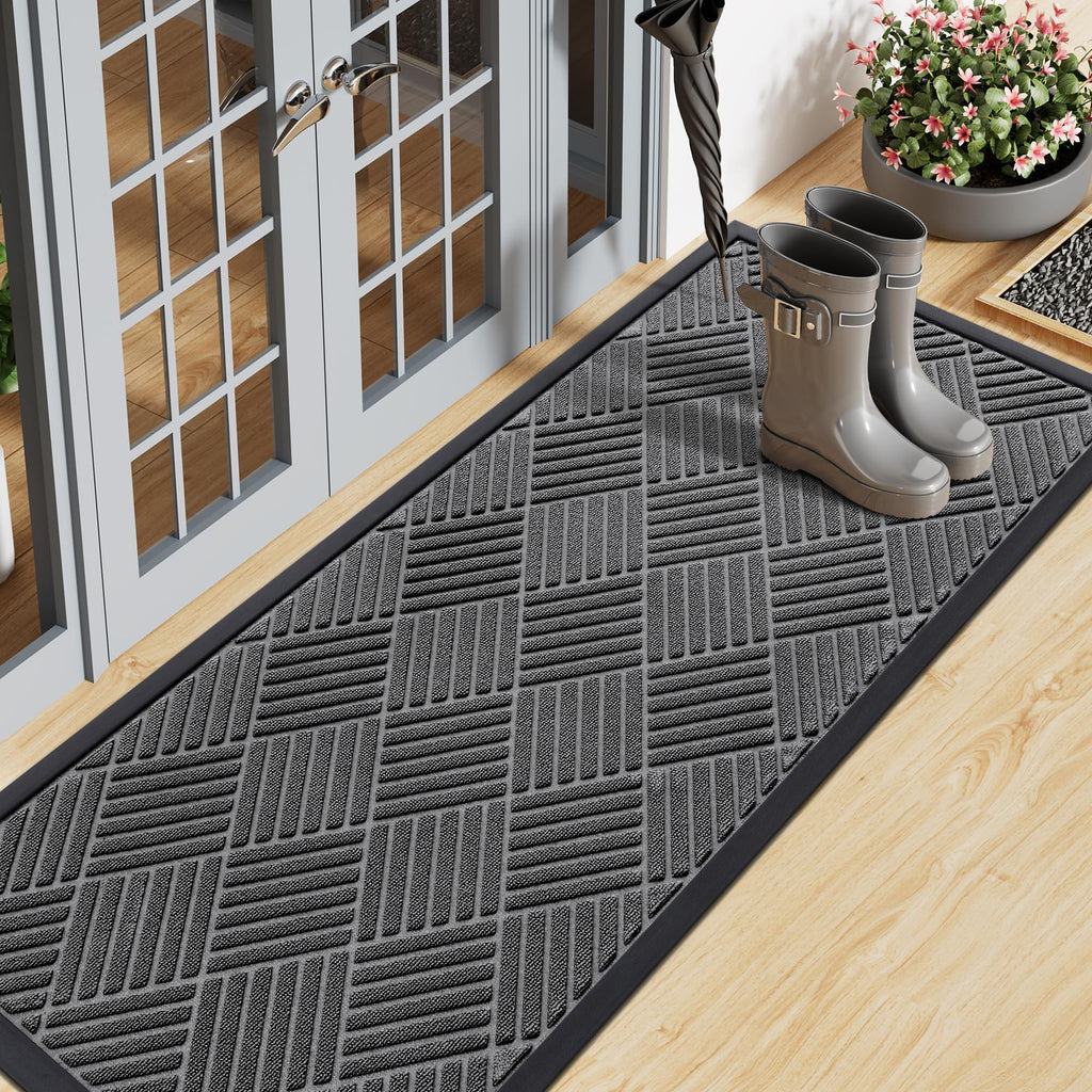 Smiry Front Door Mat Outside Entrance, Heavy Duty Outdoor Indoor Natural Rubber Doormat, Non Slip, Trap Dirt and Moisture, Easy Clean, Low Profile Patio Porch Entryway Mat, 29.5x17, Grey