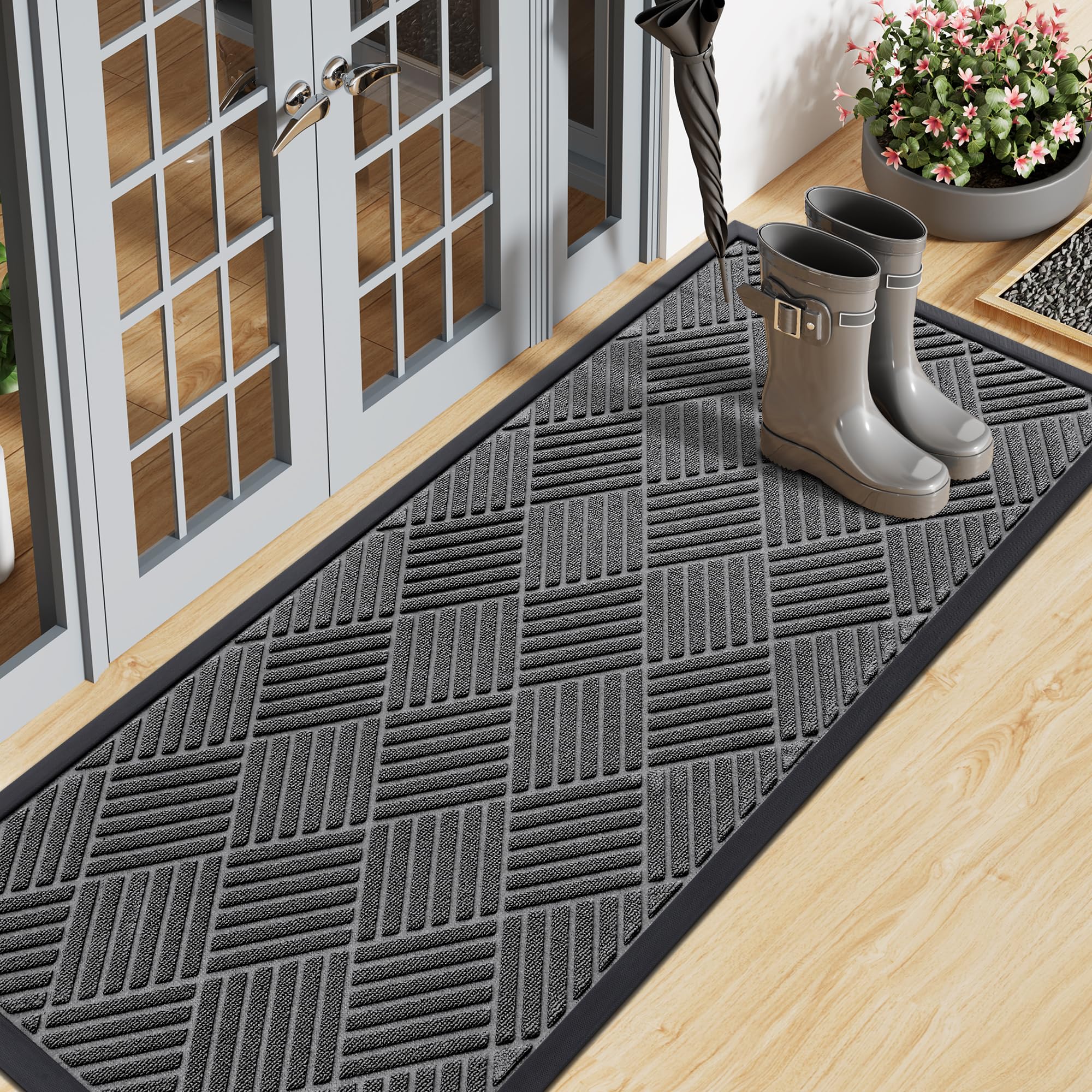 Smiry Front Door Mat Outside Entrance, Heavy Duty Outdoor Indoor Natural Rubber Doormat, Non Slip, Trap Dirt and Moisture, Easy Clean, Low Profile Patio Porch Entryway Mat, 29.5x17, Grey