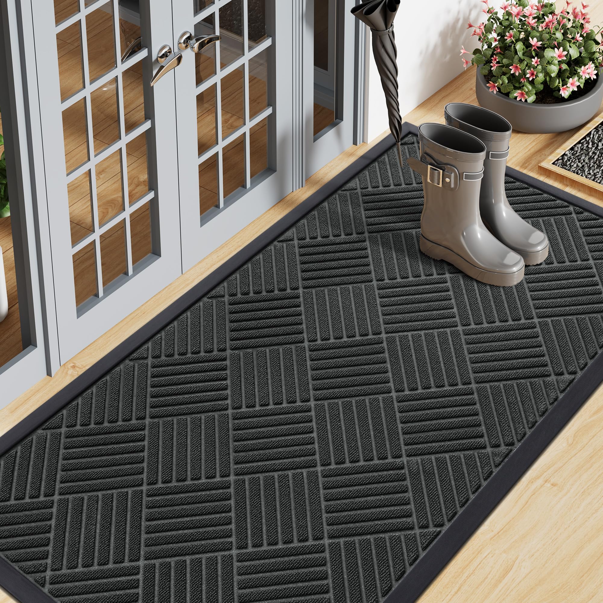 Smiry Front Door Mat Outside Entrance, Heavy Duty Outdoor Indoor Natural Rubber Doormat, Non Slip, Trap Dirt and Moisture, Easy Clean, Low Profile Patio Porch Entryway Mat, 29.5x17, Grey