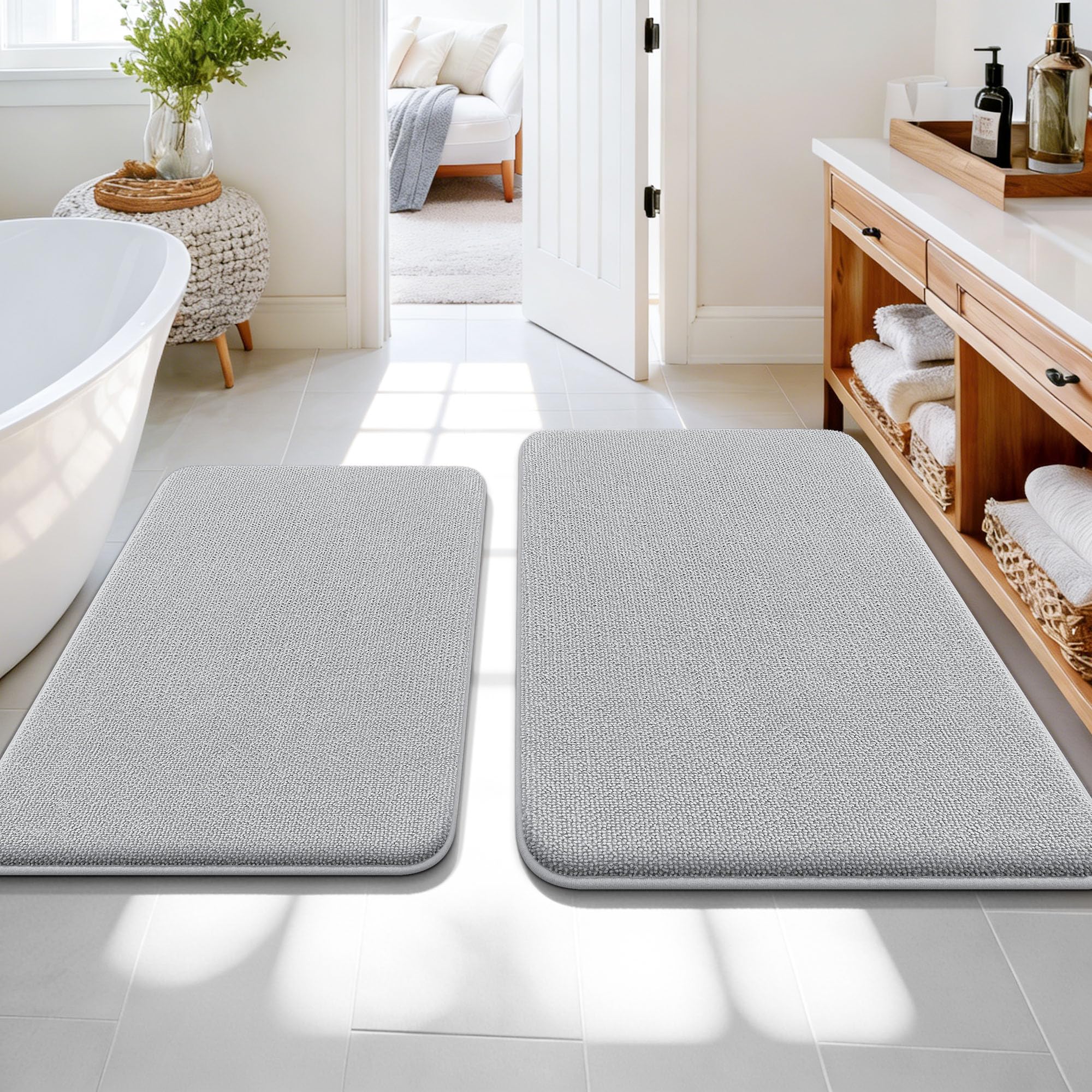 OLANLY Bathroom Rugs Sets 2 Piece, Soft Absorbent Memory Foam Bath Rug Set, Non-Slip, Quick Dry, Machine Washable Bath Mats for Bathroom, Home Decor Accessories (30"x20"+24"x16", Grey)
