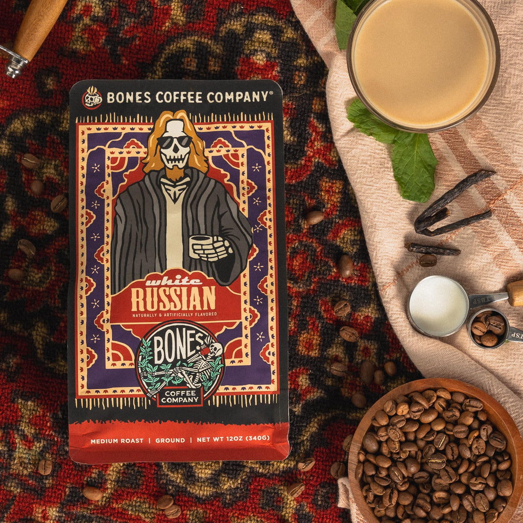 Bones Coffee Company Cinnamon Roll Flavored Coffee, Medium Roast Low Acid Arabica Beans Compatible with Auto drip and French Press Coffee Maker, 12 Oz Ground