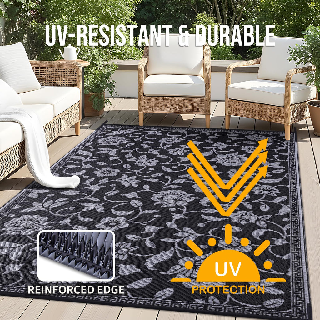 OLANLY Waterproof Outdoor Rug 5x8 ft, Outdoor Plastic Straw Rug with Flower Pattern, Reversible RV Mat for Patio, Camping, Balcony, Deck, Backyard, Navy & White